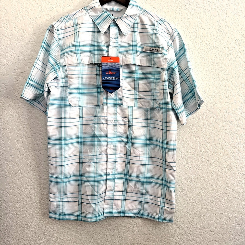 Habit Fishing Shirt Short Sleeve Plaid White Blue Vented Men's Size S NWT